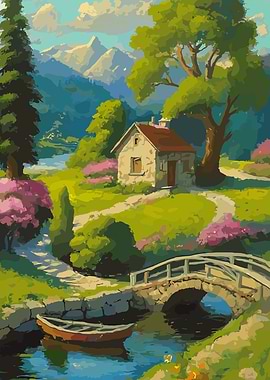 Idyllic Landscape with Cottage and Bridge