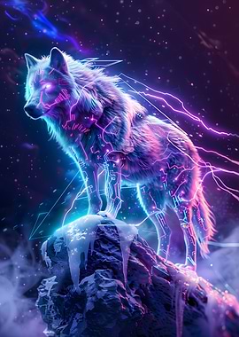 Cyberpunk Wolf on Snowy Peak