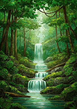Lush Green Waterfall in Forest