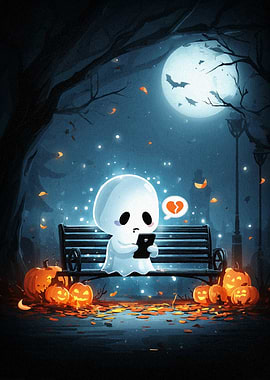 Sad Ghost on Bench with Phone