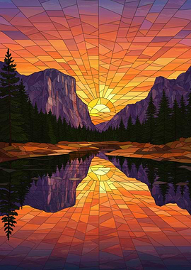 Stained Glass Sunset Mountain Landscape