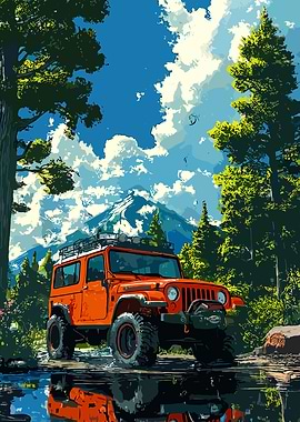 Orange Jeep in Mountain Landscape