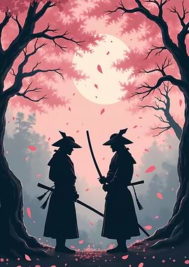 Samurai Duel Under Cherry Blossom Tree