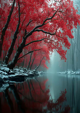 Red Trees Reflecting in Water