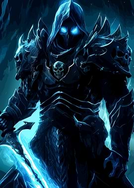 Blue Armored Warrior with Glowing Eyes