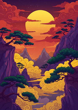 Mountain Landscape with Sun and Clouds