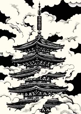 Japanese Pagoda in Clouds Illustration