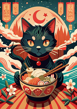 Cat with Ramen Bowl Illustration