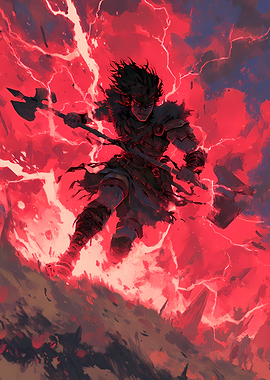 Warrior in Red Lightning Storm