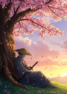 Samurai under Cherry Blossom Tree