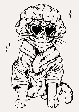 Cat in Robe and Heart Glasses, Funny Cat Wall Art