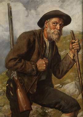 Hunter with Rifle and Walking Stick