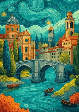 Italian Village Van Gogh Style Painting