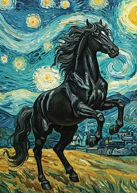 Black Horse in Starry Night Style