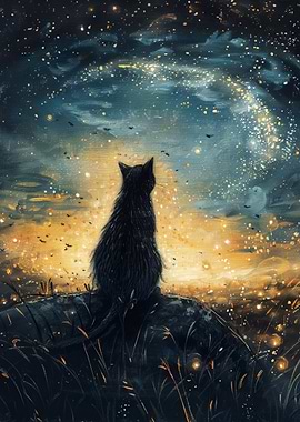 Black Cat Gazing at Starry Sky