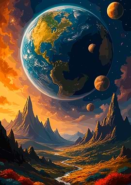 Surreal Earth Landscape with Planets