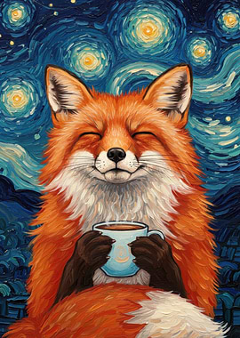 Fox enjoying coffee under starry night