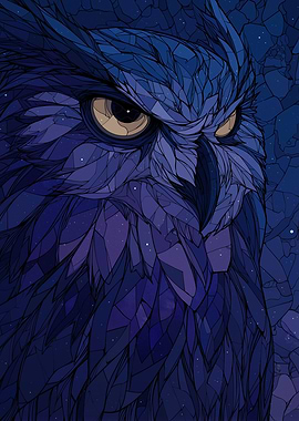 Abstract Owl Portrait in Blue Tones