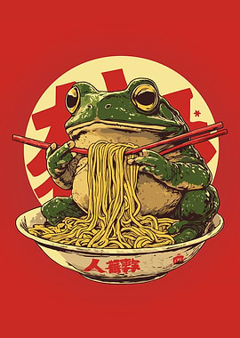 Frog Eating Ramen with Chopsticks