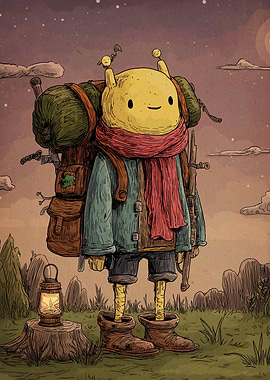 Cartoon Character with Backpack in Nature