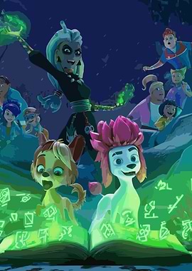 Supernatural cartoon scene with dogs and people