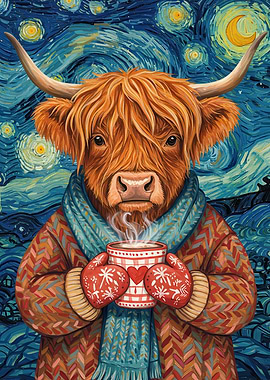 Highland Cow in Starry Night