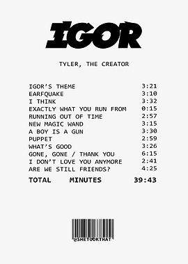 Tyler The Creator Igor album tracklist receipt