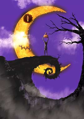 Pumpkin man praises his head to the dark moon at Halloween night