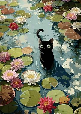 Black Cat in Lily Pond