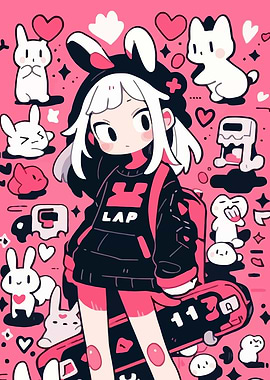 Anime Girl with Skateboard and Bunnies