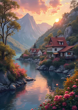Scenic Lakeside Houses at Sunset