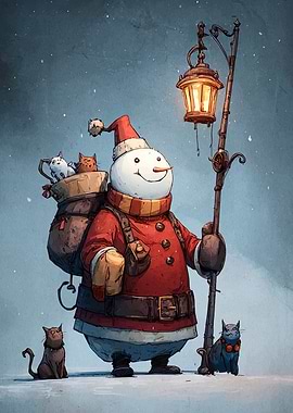 Snowman with Cats and Streetlight