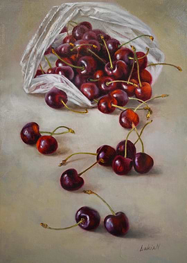 Cherries spilling from plastic bag painting