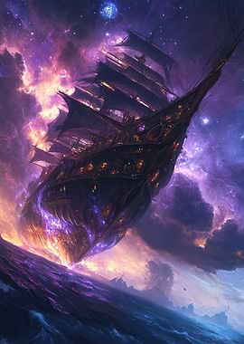 Fantasy Ship Sailing on Cosmic Sea