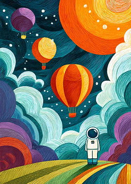 Astronaut and Hot Air Balloons Art