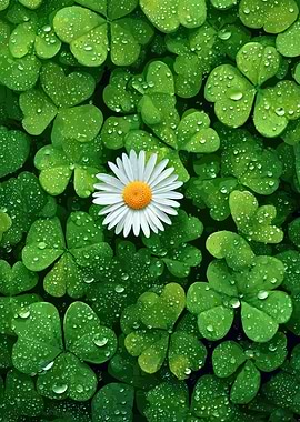 Fresh Daisy Among Clover with Dewdrops