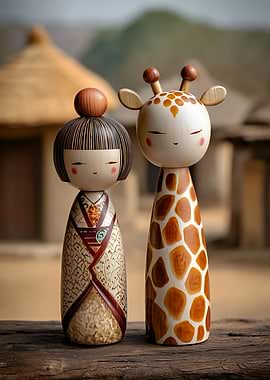 Wooden Kokeshi Doll and Giraffe Figurine