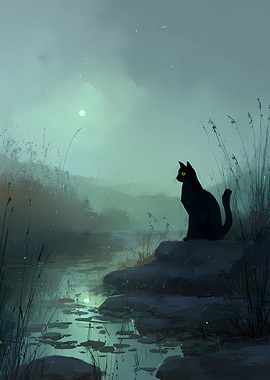 Black Cat by the Misty Lake