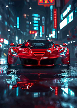 Red Ferrari in Neon Cityscape