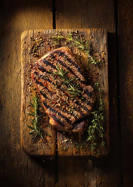 Grilled Steak on Wooden Board