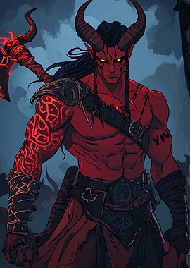 Red-skinned horned warrior with axe