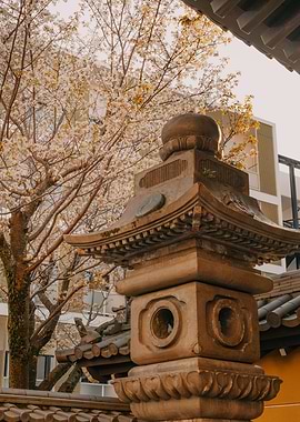 Japanese Stone Lantern with Cherry Blossoms