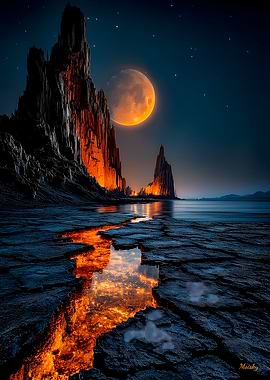 Luminous Moonlit Cliffs with Fiery Lava Stream – Vivid Horizon Landscape