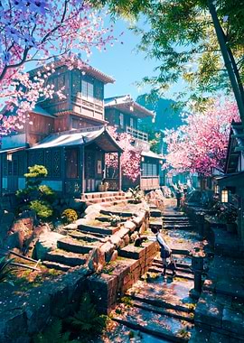 Japanese Village with Cherry Blossoms
