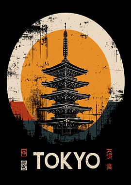 Tokyo Pagoda Vintage Style Illustration