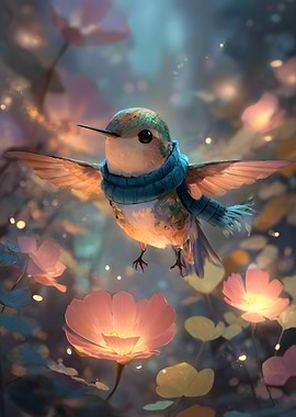 Hummingbird with Scarf in Floral Setting
