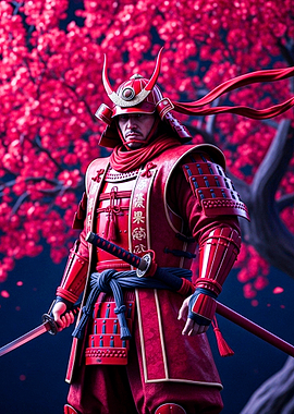 Red Samurai Warrior with Cherry Blossoms