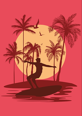 Surfing at Sunset with Palm Trees