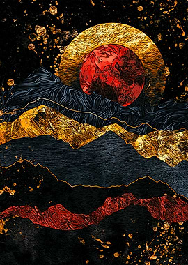 Abstract Mountain Landscape with Red Moon