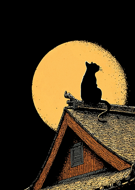 Cat on Roof Under Full Moon